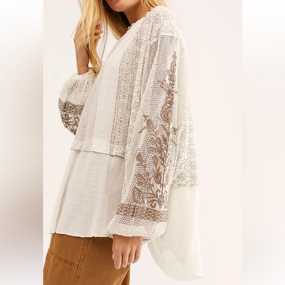 Free People Indigo Dreams Tunic - Cream and Tan Crochet Embroidered Medium M - Picture 3 of 9